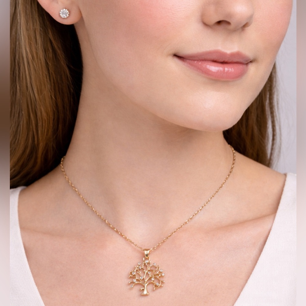 Tree of Life CZ Necklace & Stud Earrings Set | Gold-Tone Family Tree Jewelry